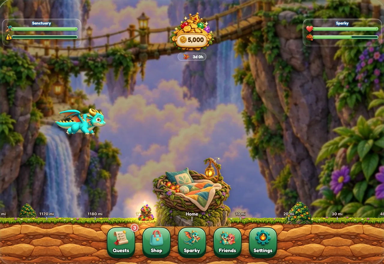 Baby Dragon Sanctuary gameplay: a teal baby dragon flying over a cliffside nest